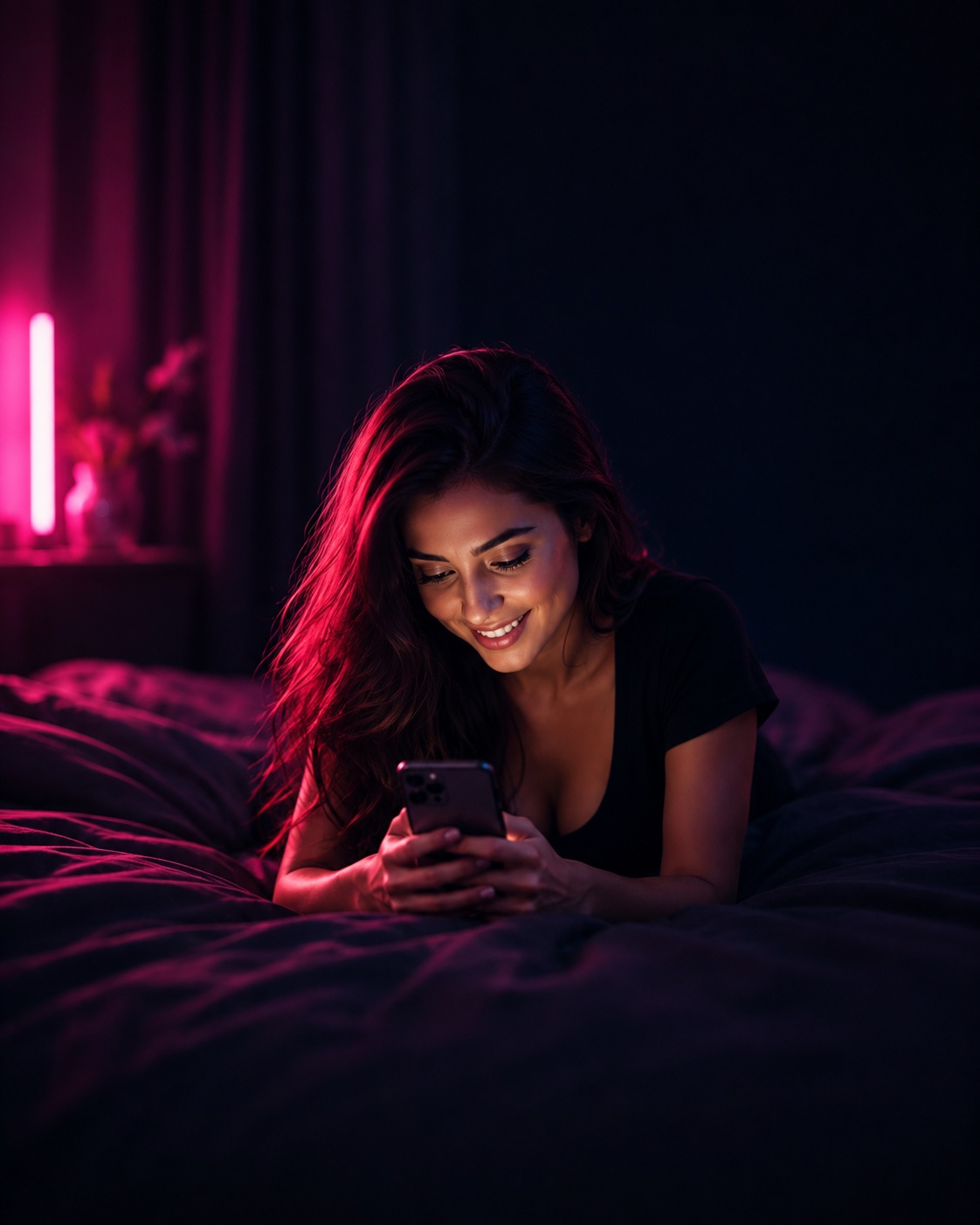 A girl smiling at her phone during a live one-to-one chat